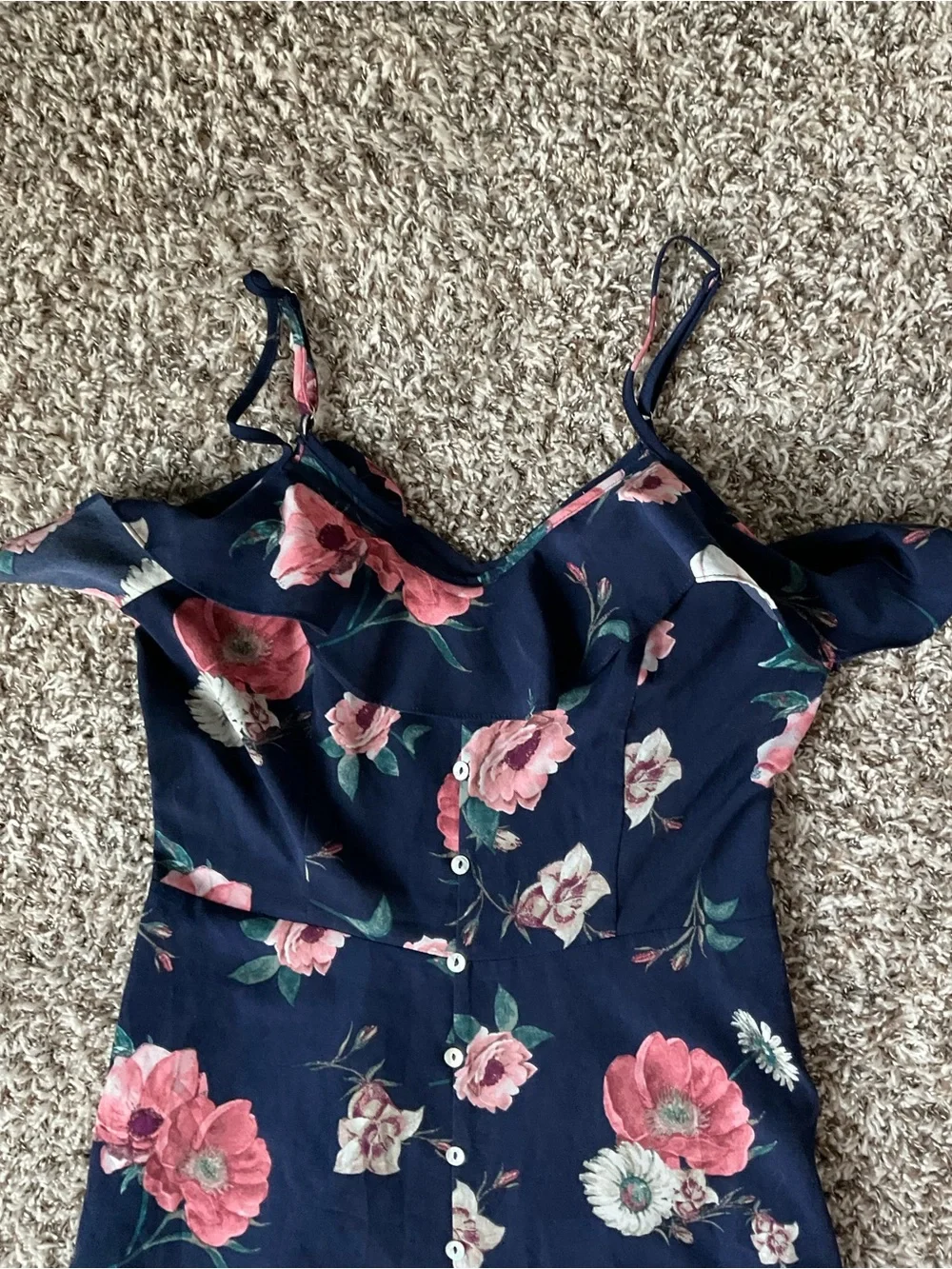 Altar'd State Floral Maxi Dress S Navy Ruffle Boho Button Top Sorority Rush Fest